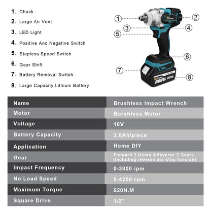 520N.M Brushless Electric Impact Wrench Cordless Electric Wrench 1/2 Inch for Makita 18V Battery Screwdriver Power Tools